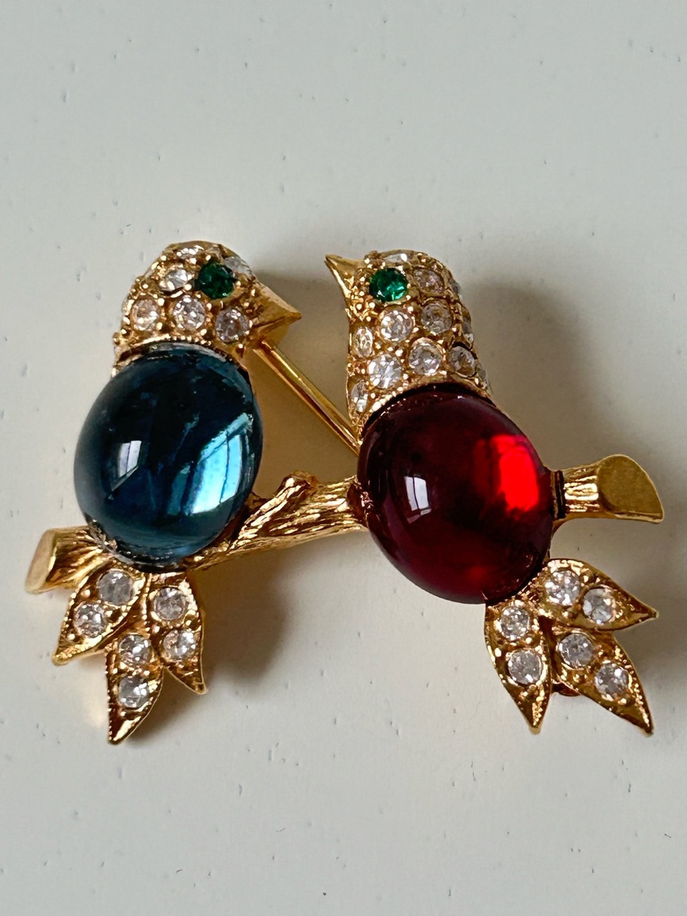 Lovebird brooch with Rhinestones and Red & Blue Cabochon Stones